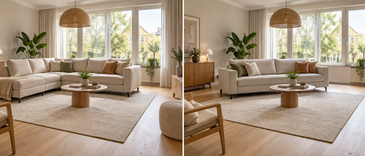 Een beige hoekbank en een rechte bank naast elkaar in een lichte woonkamer