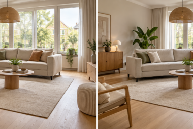 Een beige hoekbank en een rechte bank naast elkaar in een lichte woonkamer