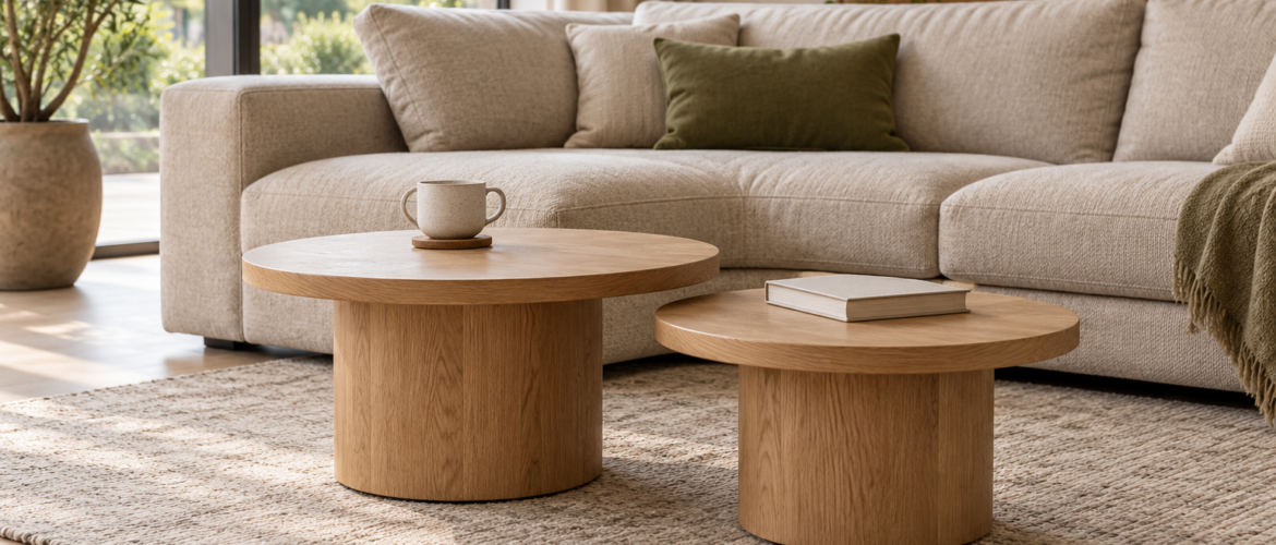 Twee ronde houten salontafels voor een beige hoekbank in een lichte woonkamer.