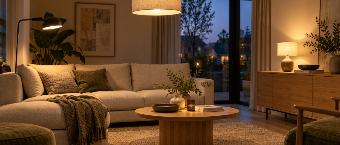 Woonkamer met een beige bank, een hanglamp, een vloerlamp en een tafellamp.