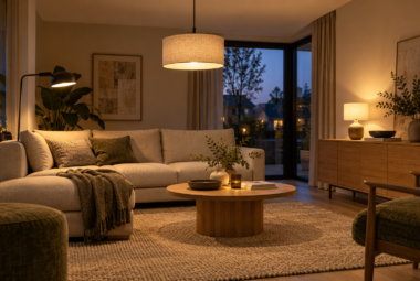 Woonkamer met een beige bank, een hanglamp, een vloerlamp en een tafellamp.