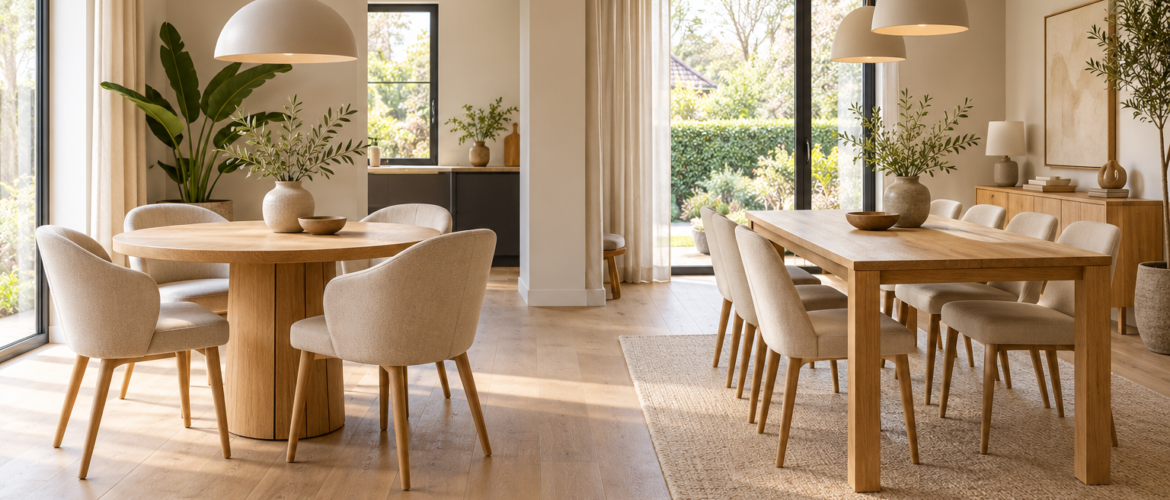 Een ronde en een rechthoekige houten eettafel met beige eetkamerstoelen in een licht interieur