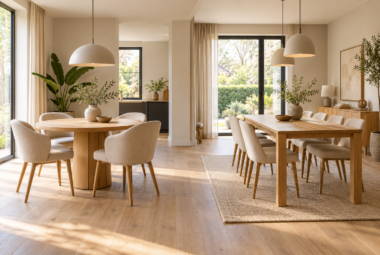 Een ronde en een rechthoekige houten eettafel met beige eetkamerstoelen in een licht interieur